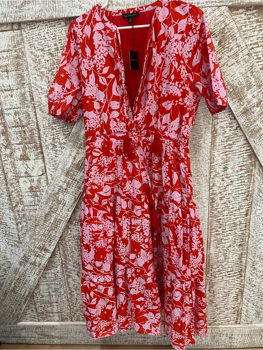 Saks 5th Avenue Floral Red & Pink V-Neck Tiered Midi Dress Sz Large- New W/Tags